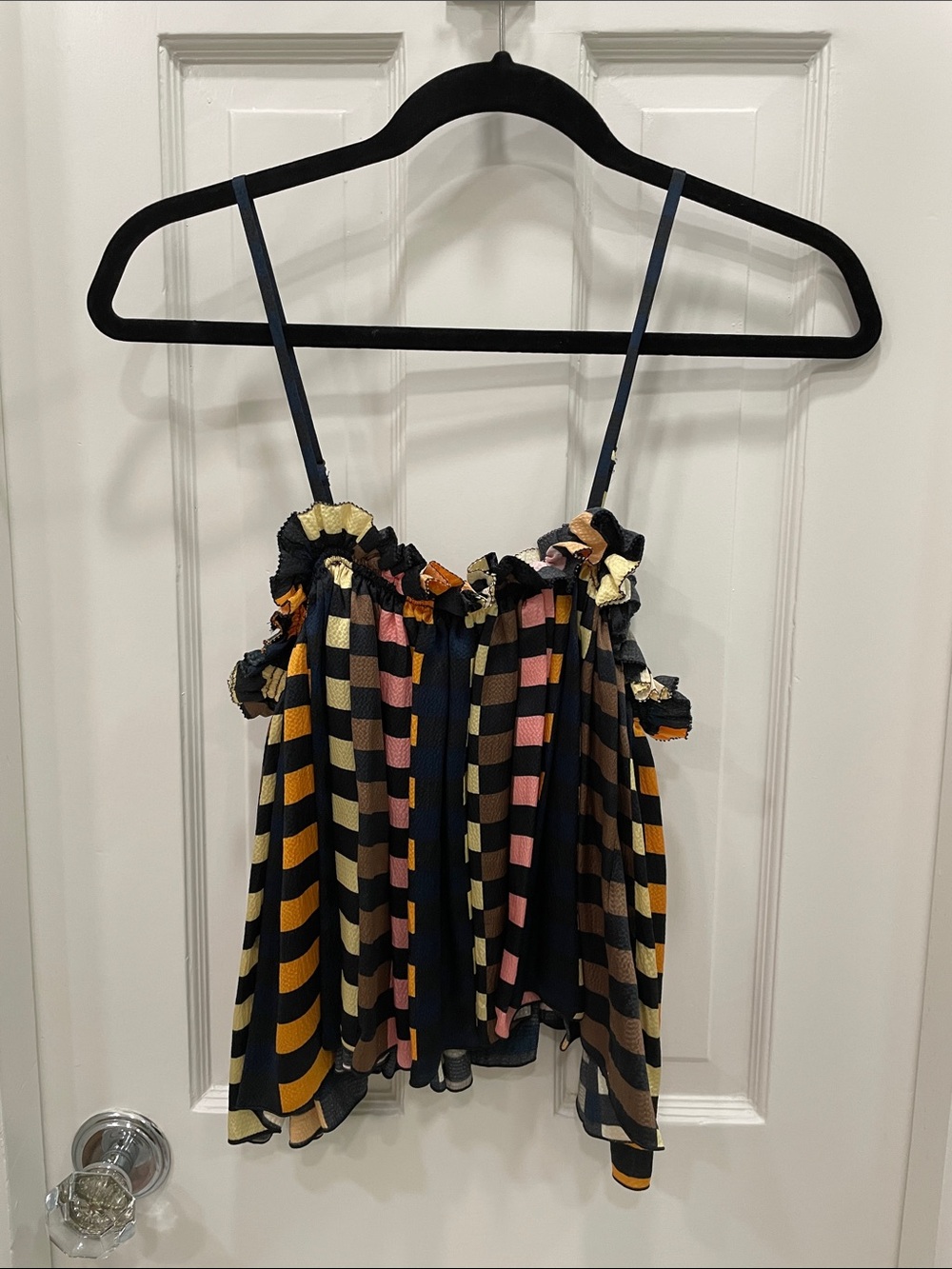 Apiece Apart Navy Silk Multicolor Striped Ruffle Cami Blouse Size 2